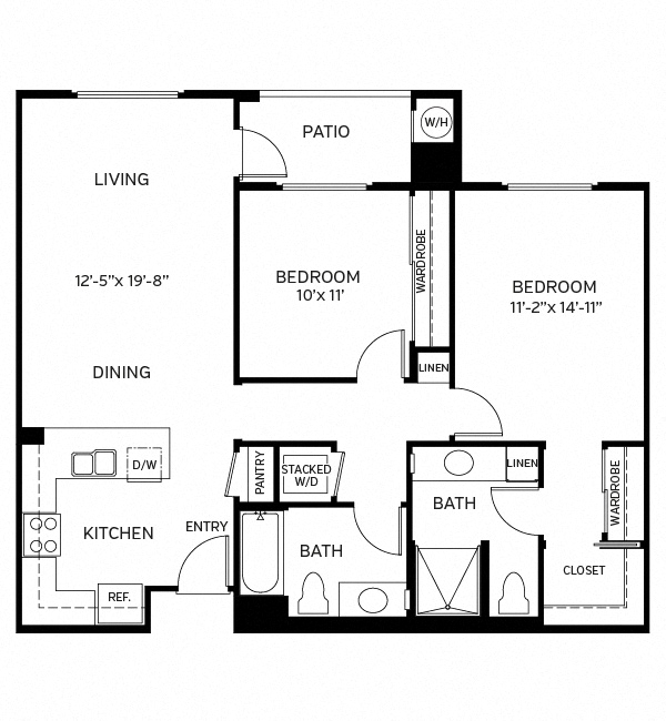 Floor plan for 2 beds, 2 baths, 1005 sqft